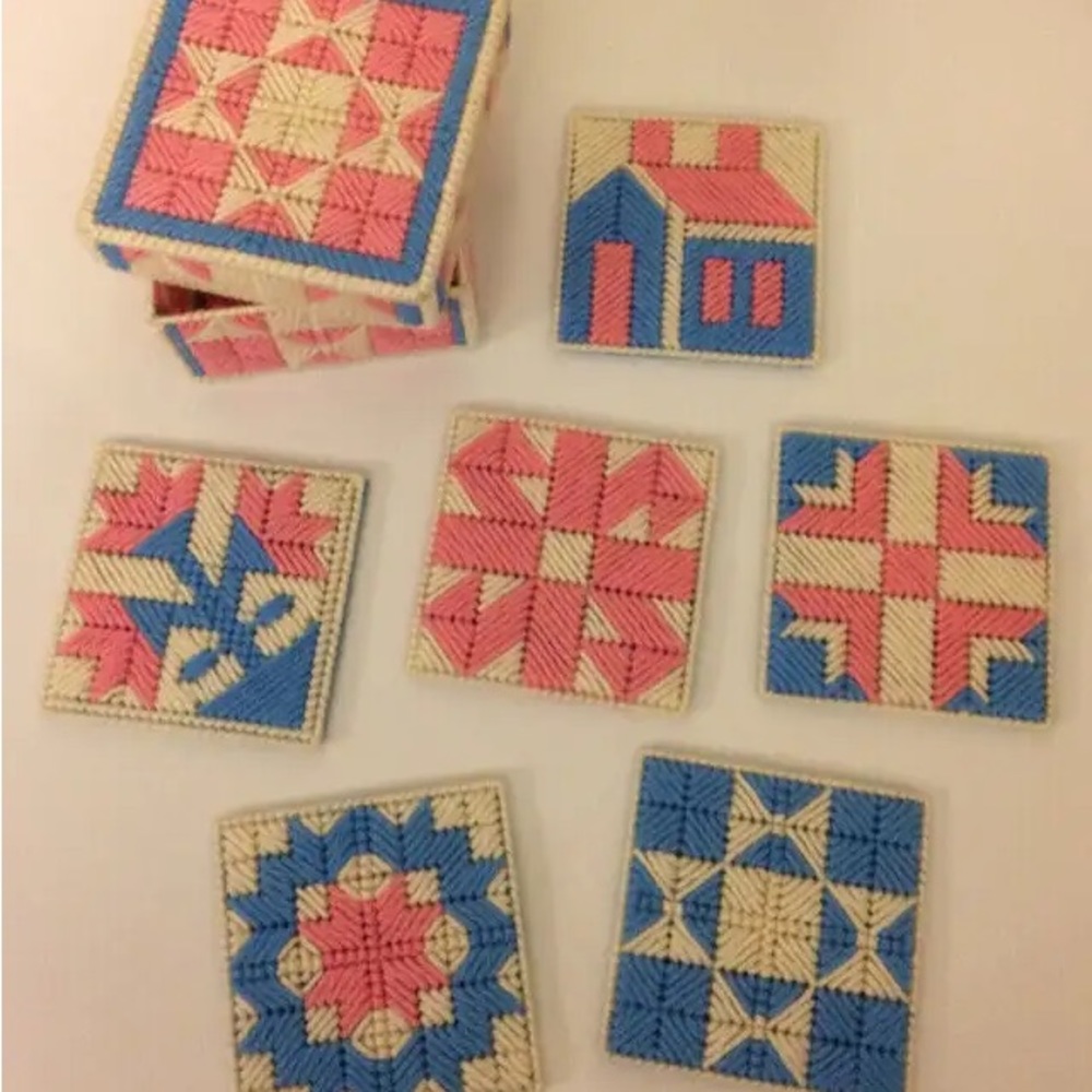 New Drink Coasters Quilt Block Patterned Off-White, Pink, Blue Home Decor Gift